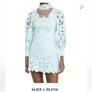 Alice + Olivia Mint Lace Puff-Sleeve Mini Dress